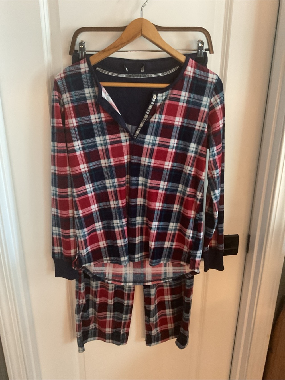 Nautica - Red, Navy & White Plaid Fleece Pajama Set - Ladies Size Small